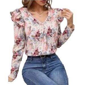 Shein Floral Print Ruffled Blouse Size Large